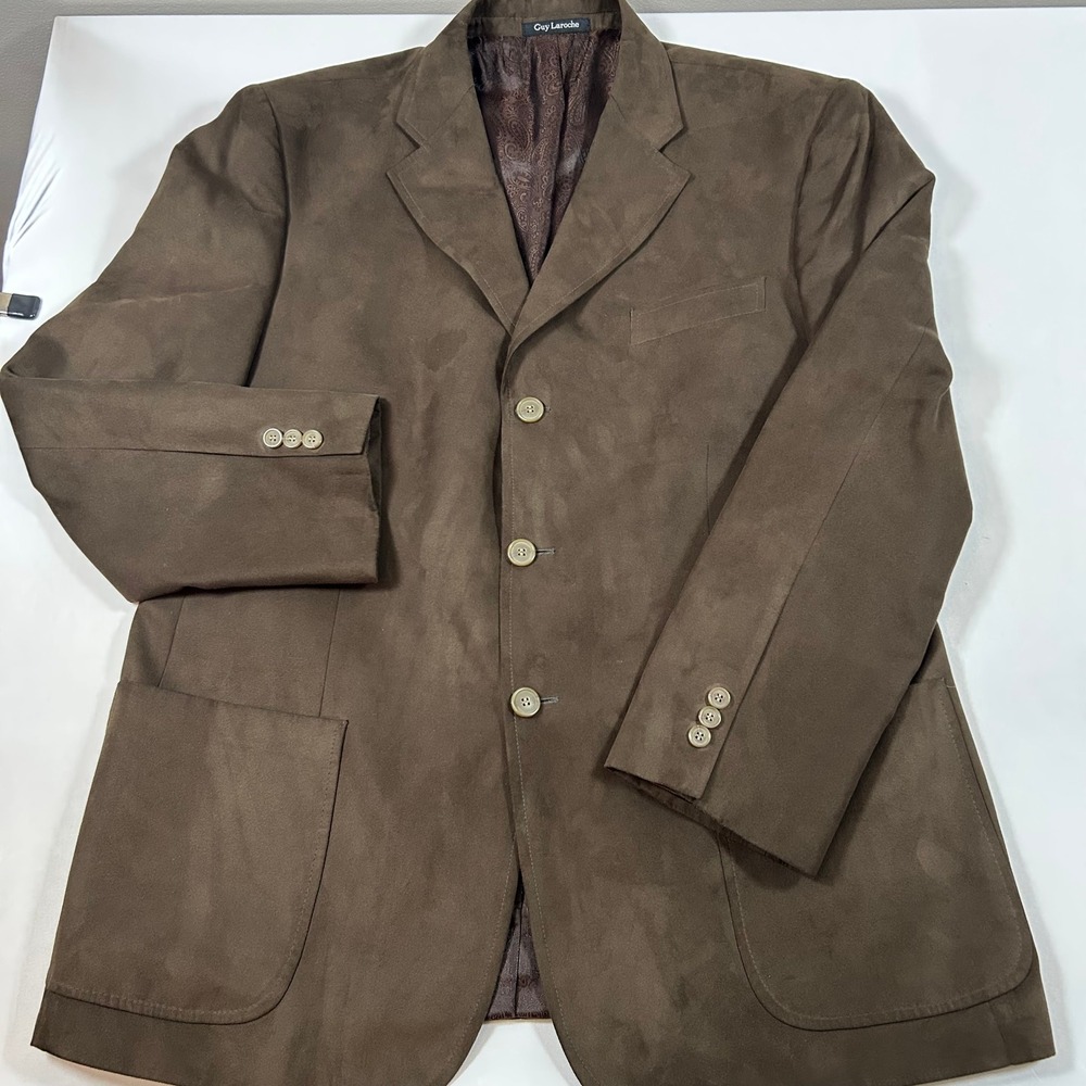 Guy Laroche Jacket Mens 44R Brown Faux Suede 3-Button Paisley Lined Sport Coat